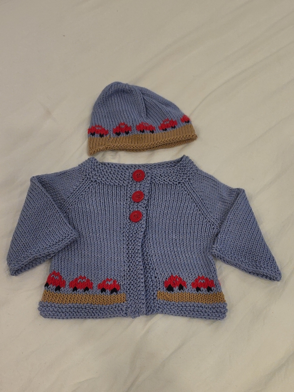 Hand Knitted Infant Or Baby Boys Jacket And Hat 6-12m